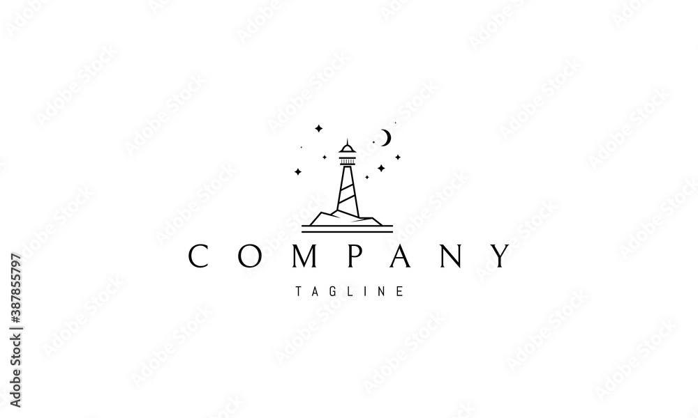 Vector logo on which an abstract image of a lighthouse on a rock against a background of the starry sky.