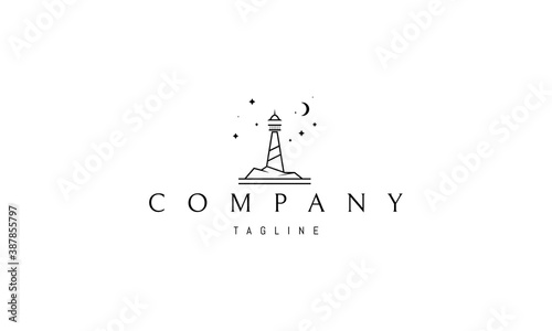 Vector logo on which an abstract image of a lighthouse on a rock against a background of the starry sky.