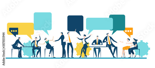 Business people having a meeting, discussing new start up, support and developing of current project. Creative thinking, brain storming. Business concept illustration. 