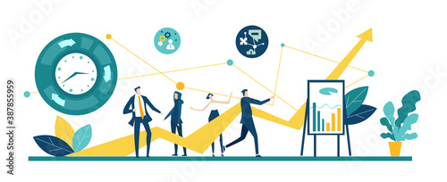 Application developing team works. Workspace with business people sitting by desk, working together, discussing, negotiating the deal, solving problems. Contemporary management concept business.