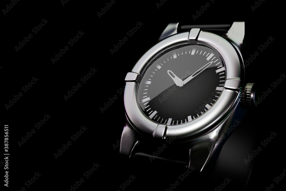 Round metal wristwatch on a dark background, 3D rendering Round metal wristwatch on a dark background, 3D rendering