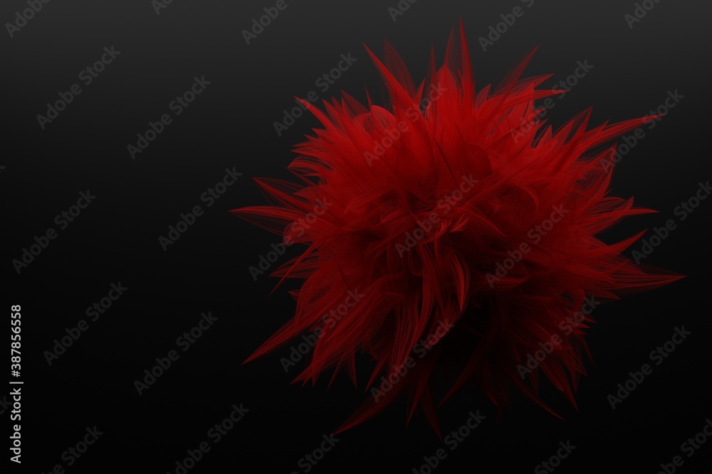Big red fur ball on a dark background, 3D rendering