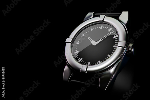 Round metal wristwatch on a dark background, 3D rendering