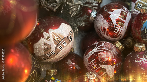 Golden and red christmas baubles background