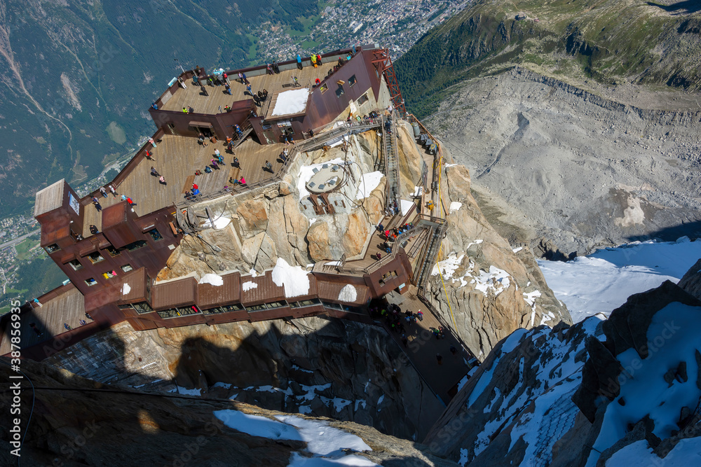 Aiguille du Midi peak and roof of cable car station seen from Skywalk ...