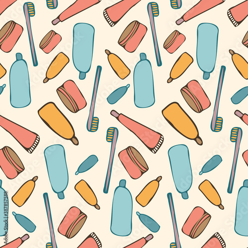 Seamless vector pattern vintage travelling design of travelling set of cosmetics in pastel