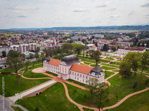 Virovitica, Croatia / 25th September 2020 : Cityscape, town park in Virovitica, drone aerial photo