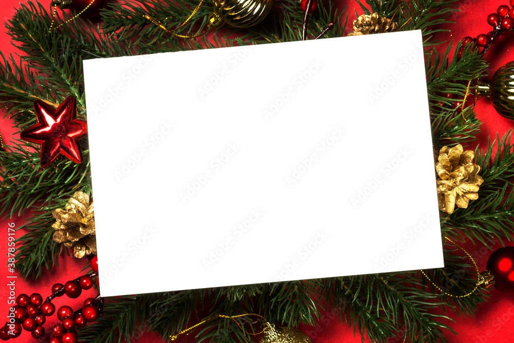 Christmas flat lay background with fir tree and decorations. Christmas flat lay background with fir tree and decorations.