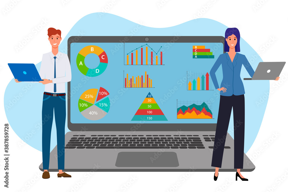 A young woman and a man work on their laptops.Office work, online freelance work, and business Analytics.Flat vector illustration. A young woman and a man work on their laptops.Office work, online freelance work, and business Analytics.Flat vector illustration.