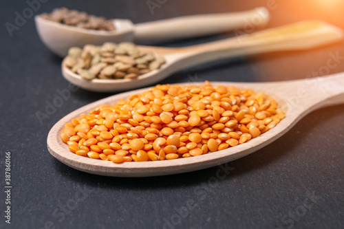 red, green, red lentils culinaris top view. Selective focus. vertical photo