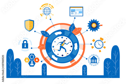 Busy business woman running inside of clock as a symbol of stressful live and lots of professional  responsibilities. Business concept illustration. 