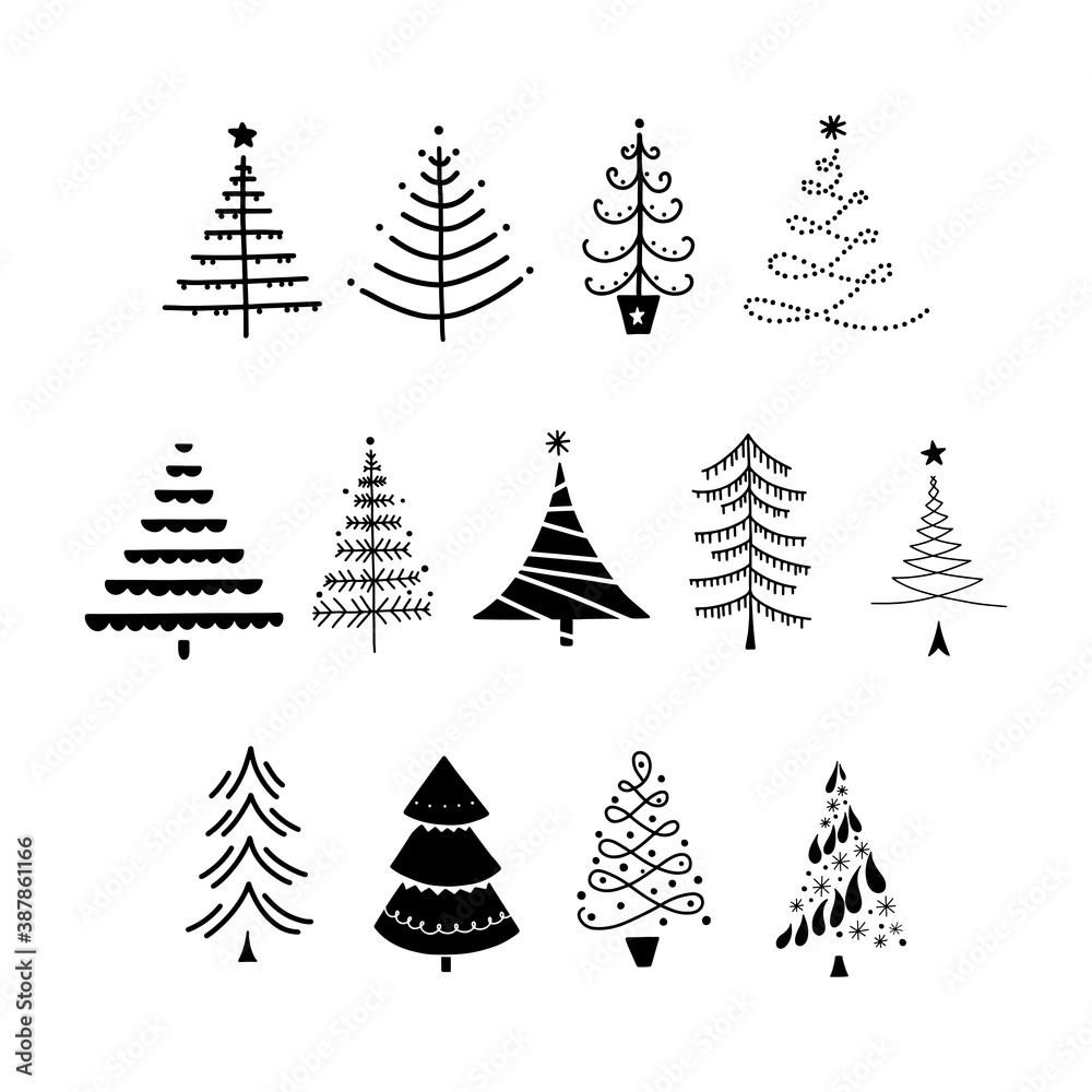 Obraz premium Christmas trees with decorations set. Holiday collection. Merry Christmas and Happy New Year. Vector illustration