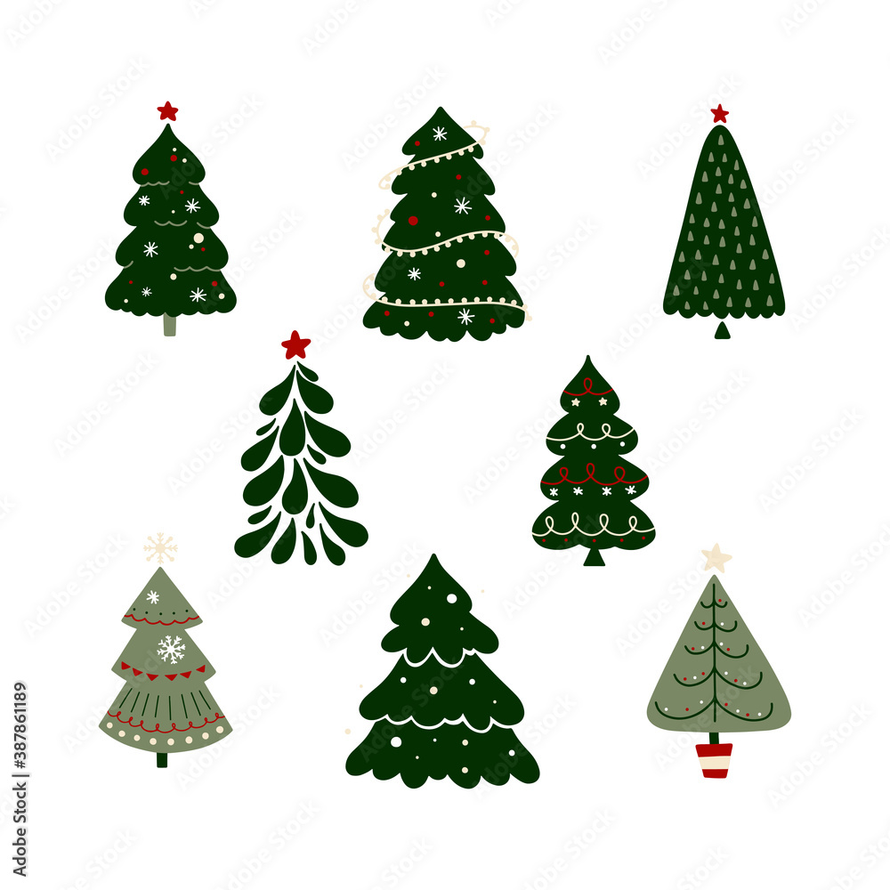 Christmas trees with decorations set. Holiday collection. Merry Christmas and Happy New Year. Vector illustration