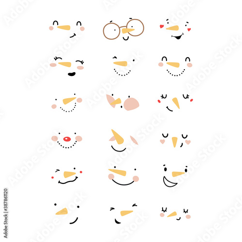 Cute snowman faces vector illustration. Snowman face, head, icon, isolated on white background.