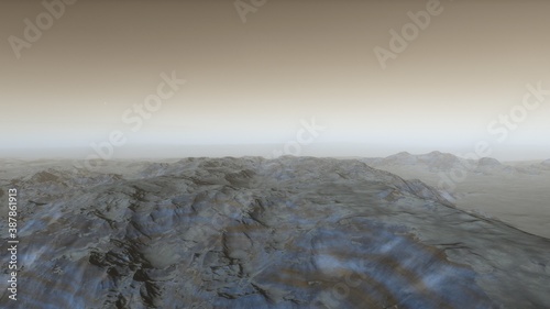 Fantastic digital surface of a distant planet, arial digital landscape, science fiction landscape 3d render