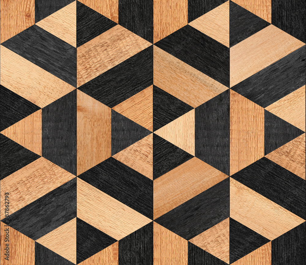 Fototapeta premium Wood texture background. Rough parquet floor with geometric pattern. 