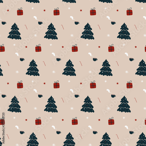 Holiday seamless vector pattern with Christmas trees, cups, presents and snowflakes. Xmas holiday poster collection. Can be used for wallpaper, pattern fills, surface textures, fabric prints.