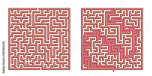 Vector 3D / Isometric Easy Square Maze - Labyrinth with Included Solution. Funny & Educational Mind Game for Coordination, Problems Solving, Decision Making Skills Test.