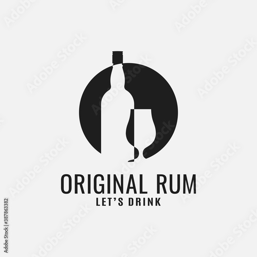 Rum bottle with rum glass logo on white background