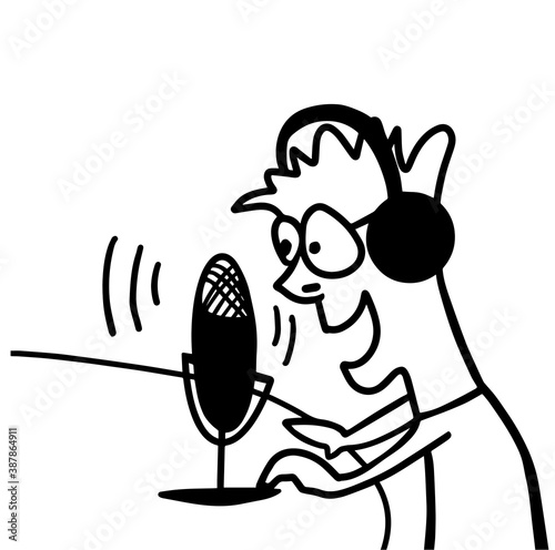 Podcaster talking to microphones recording podcast in studio podcasting online radio concept man in headphones interviewing broadcasting portrait horizontal. Podcast icon logo. illustration design