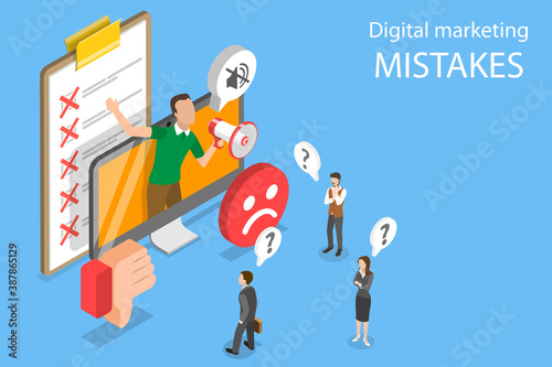3D Isometric Flat Vector Conceptual Illustration of Digital Marketing Mistakes, Wrong Strategy, SEO Errors.