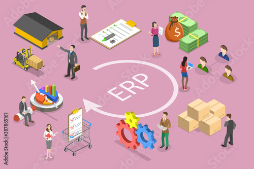 3D Isometric Flat Vector Conceptual Illustration of ERP - Enterprise Resource Planning.