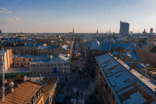 Riga/Latvia - August 10, 2020: Aerial view of the pedestrian Terbatas street. Pedestrian street in the capital of Latvia Riga. photo