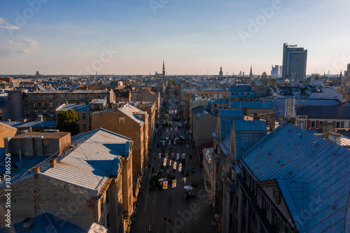 Riga/Latvia - August 10, 2020: Aerial view of the pedestrian Terbatas street. Pedestrian street in the capital of Latvia Riga. photo