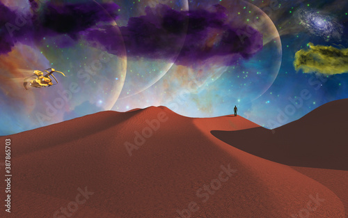 Lonely man in desert on alien planet. 3D rendering