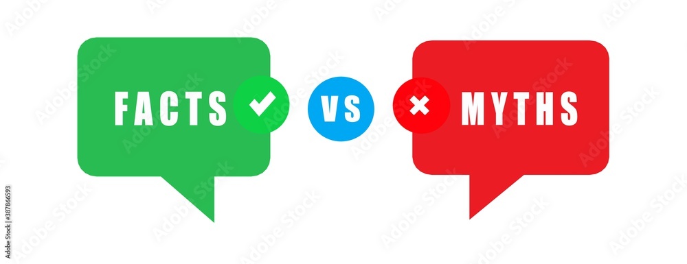 green and red bubbles with myths vs facts. concept of thorough fact ...