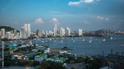 Daytime time lapse view of marina and port of Cartagena in the Caribbean Coast Region during summer in Cartagena, Bolivar Department, Colombia. photo