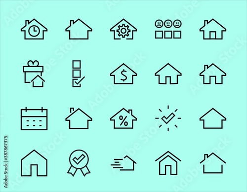 Simple set of line vector home icons. Contains house symbols at interest, infuse house and more. Editable stroke. 480x480 pixels perfect