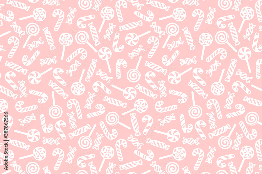 Vector Christmas background with hand drawn lollipops, candy canes and candies.