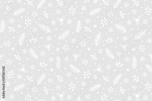 Vector Christmas background with hand drawn spruce branches, Holly, berries and snowflakes.