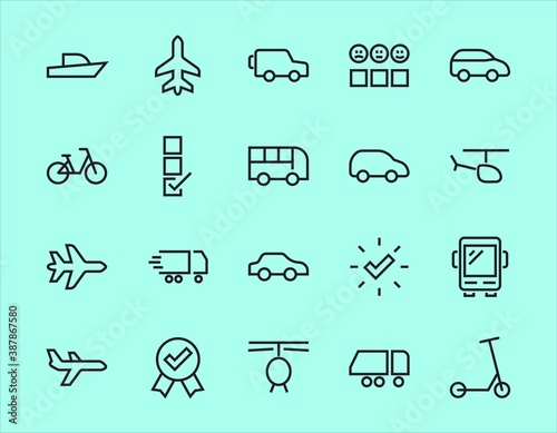 Set of public transport related vector line icons. Contains icons such as bus, bike, suitcase, car, scooter, truck, transport, trolley bus, sailboat, motor boat, plane and much more. Editable stroke.