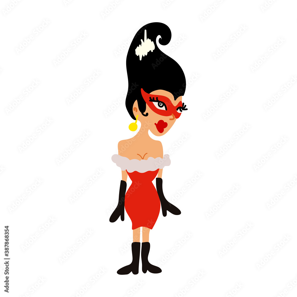 Masked girl in a fancy dress. Young woman at a party. Cartoon character. Flat color vector illustration isolated on white background. Masked girl in a fancy dress. Young woman at a party. Cartoon character. Flat color vector illustration isolated on white background.