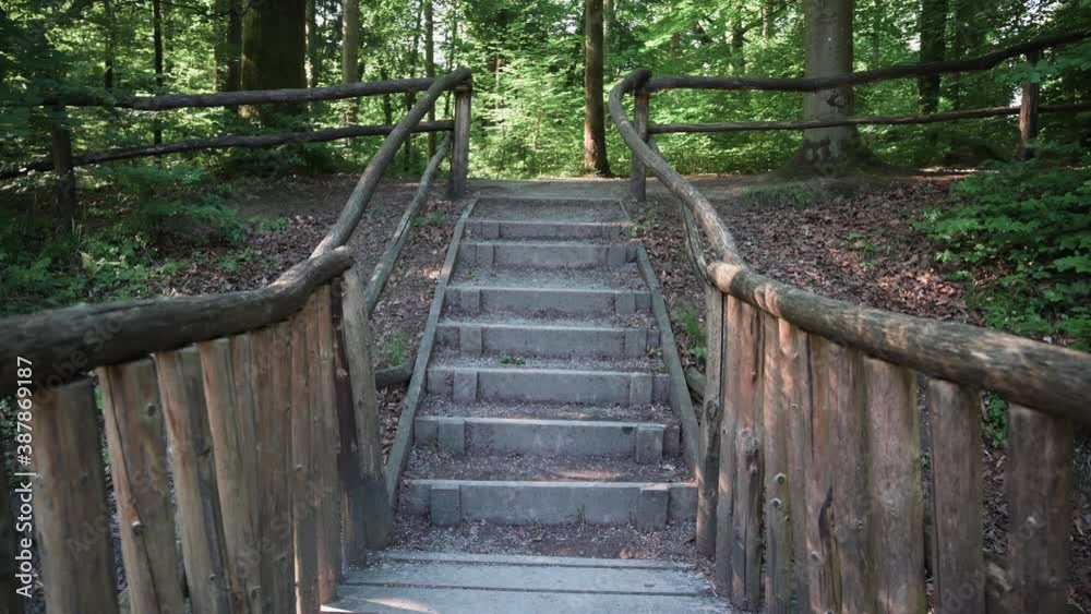 Old stairs with wooden railings in a forest Old stairs with wooden railings in a forest