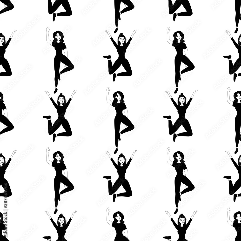 Outline seamless pattern with dancing matchless girls on a white background. Cheerful dancers in a flat style. Relaxed happy woman. Club party.
Stock vector illustration for design, decor, fabric