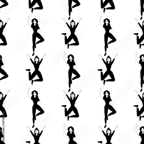 Outline seamless pattern with dancing matchless girls on a white background. Cheerful dancers in a flat style. Relaxed happy woman. Club party. Stock vector illustration for design, decor, fabric