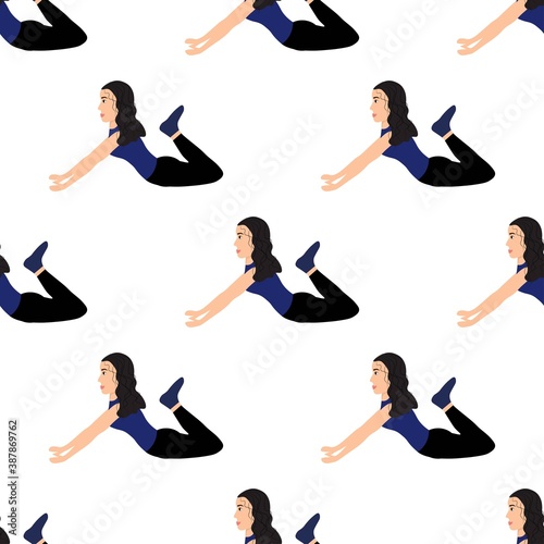 Seamless pattern with relaxed graceful girl in meditation on a white background. Women's yoga in a flat style. Performing asanas. Ancient spiritual practice.
Stock vector illustration for design