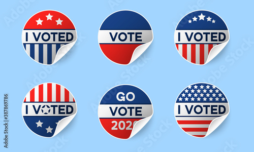 Usa 2020 voting icons. Set of circle realistic stickers with I voted quote in red and blue, stars and stripes. Round american elections labels with rolled corner and shadows. Concept of responsibility