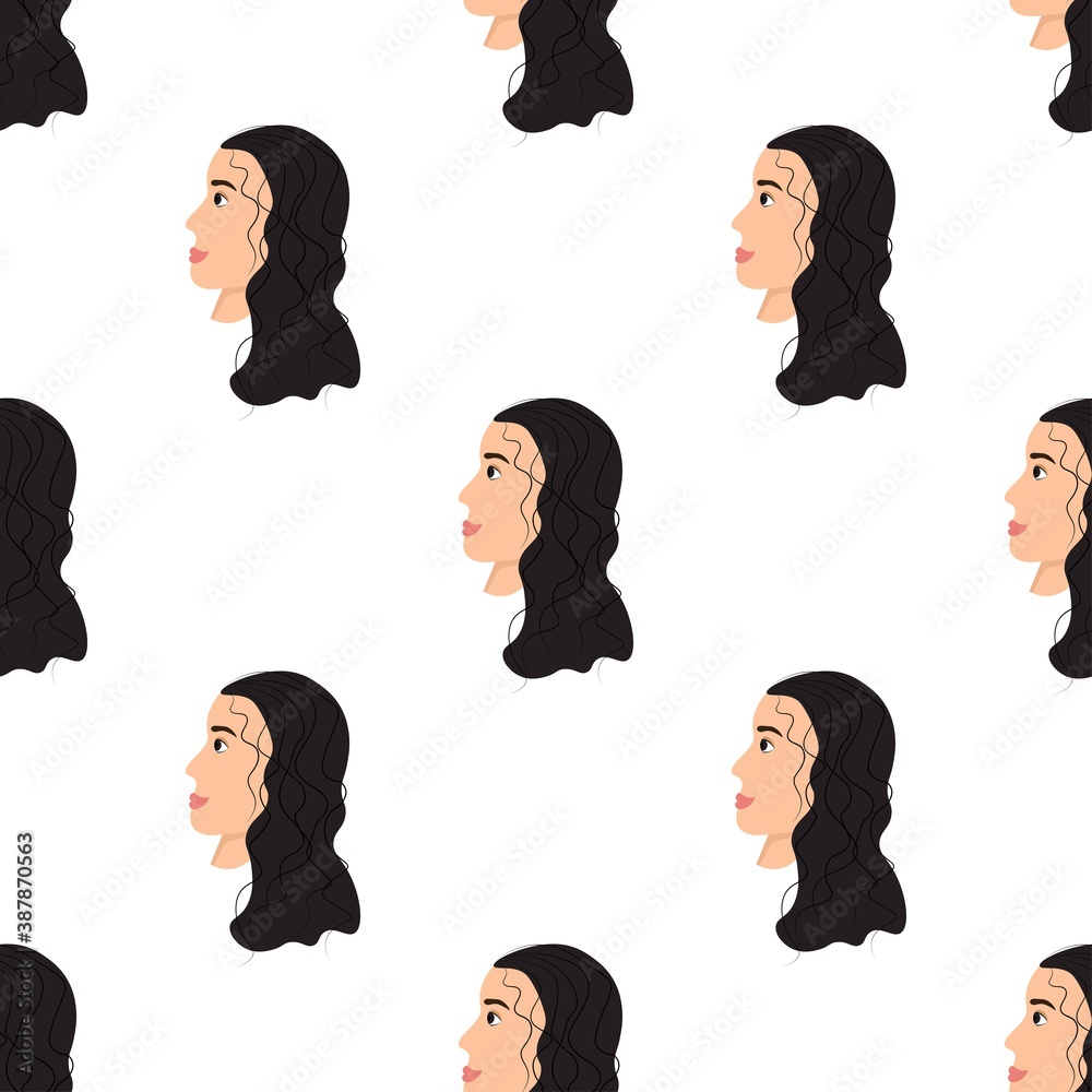 Seamless pattern with a cute avatar of an adorable girl on a white background. Profile of a young woman in side view in flat style. Happy relaxed faces of people.
Stock vector illustration Seamless pattern with a cute avatar of an adorable girl on a white background. Profile of a young woman in side view in flat style. Happy relaxed faces of people.
Stock vector illustration
