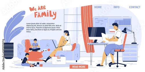 Happy family at home office workplace landing page. Online communication, remote work. Mother father parent working on internet via laptop. Children enjoy rest. Isolation, coronavirus quarantine