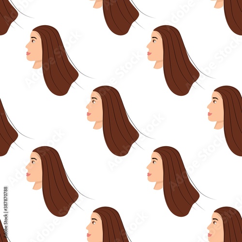 Seamless pattern with a cute avatar of a charming girl on a white background. Profile of a young woman in side view in flat style. Happy relaxed faces of people. Stock vector illustration for design