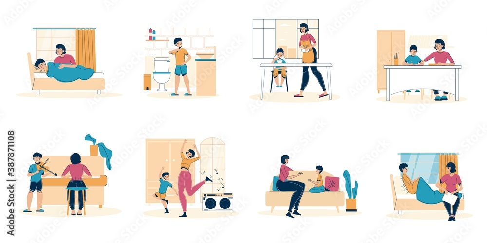 Parent child daily life in quarantine condition set. Mother son kid stay home scene. Family leisure recreation, study activity indoor during coronavirus pandemic. Rest education everyday schedule