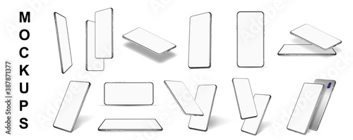 Template smartphone with blank screen at different angles. 3D mockups detailed phones. Presentation compositions, mobile phones with different positions. New cellphone gadgets set. Vector collection