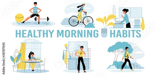 Healthy morning habits for kid motivation poster. Boy girl child exercising doing workout, walking cycling in park, brushing teeth, eating organic food everyday. Health body care for children