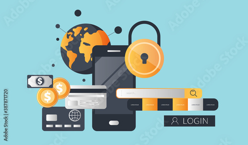 Mobile payment, online shopping, pay per click. Internet banking, online mobile banking. Flat vector illustration