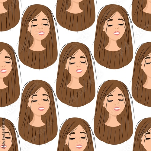 Seamless pattern with the avatar of an exquisite girl on a white background. Profile of a young woman in front in a flat style. Joyful relaxed faces of people.
Stock vector illustration for design
