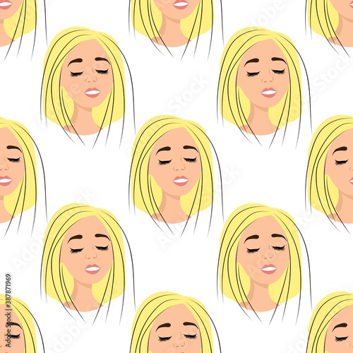 
Seamless pattern with avatar of a gorgeous girl on a white background. Profile of a young woman in front in a flat style. Joyful relaxed faces of people.
Stock vector illustration for design, decor